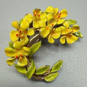 Vintage ART Arthur Pepper Yellow Enamel Flower Brooch Leaves Painted Gold Tone